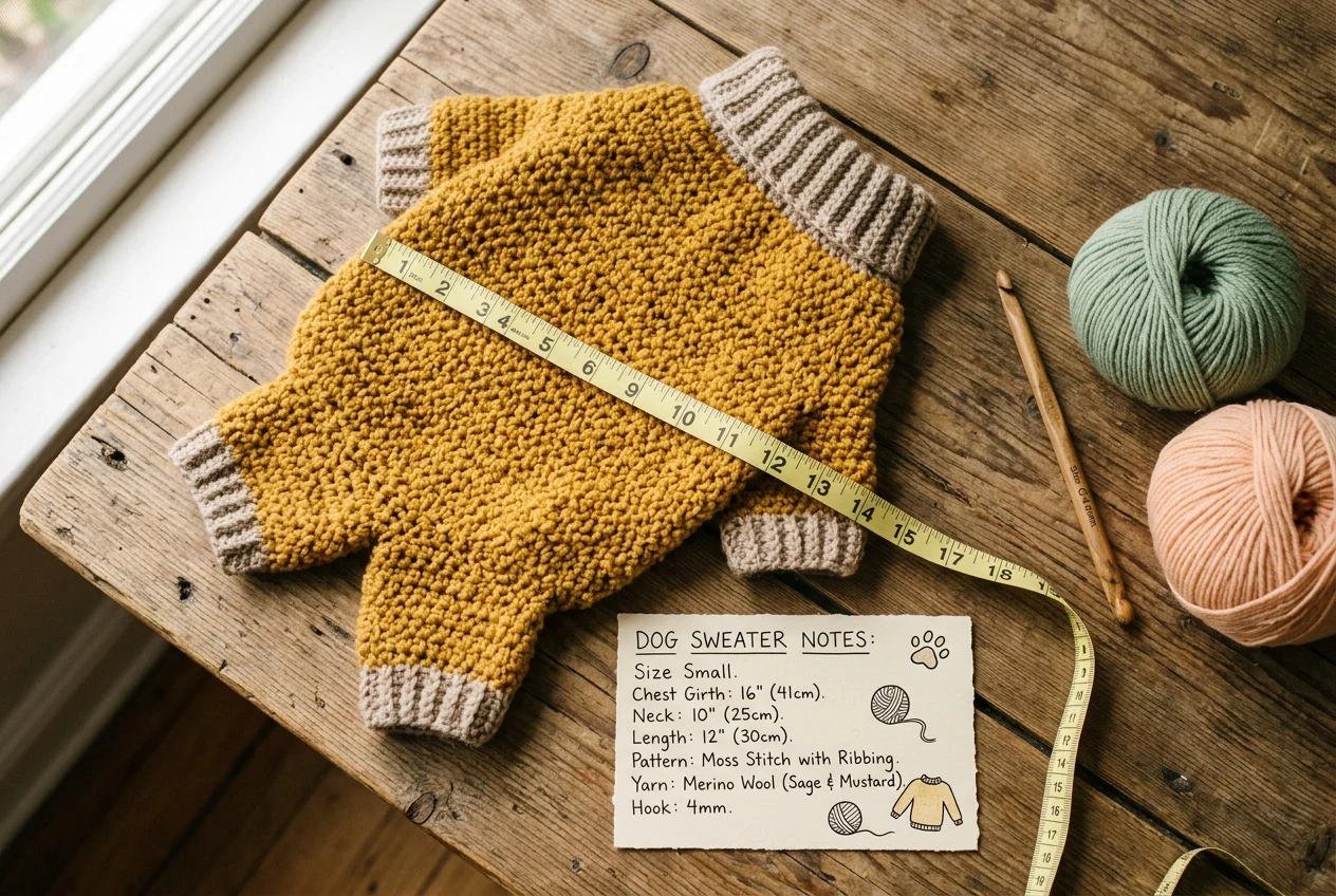 Crochet dog sweater flat lay with measuring tape and sizing notes