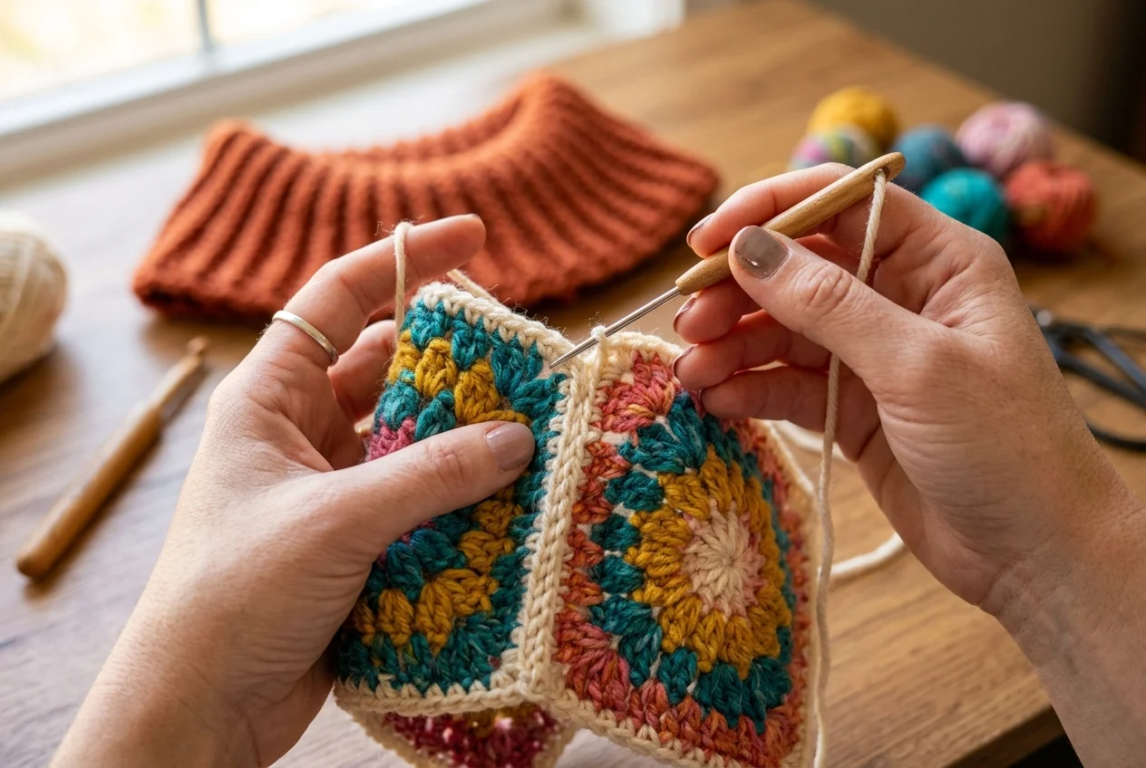 Hands seaming crochet granny squares with a tapestry needle and showing a stretchy ribbed neckline