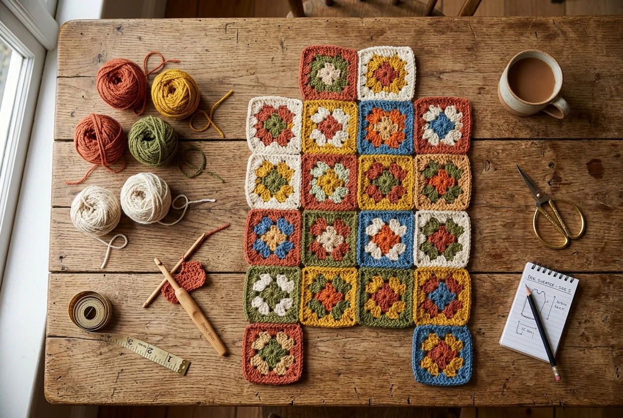 Granny square dog sweater layout diagram on a wooden craft table