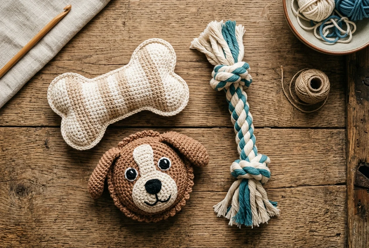 Handmade no stuffing crochet dog toys including a flat bone, braided rope, and embroidered dog face