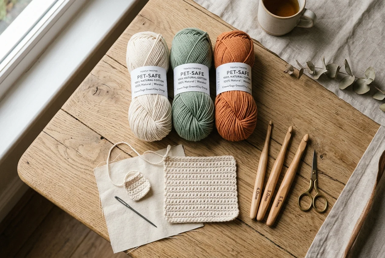 Pet-safe 100% natural cotton yarns and wooden crochet hooks