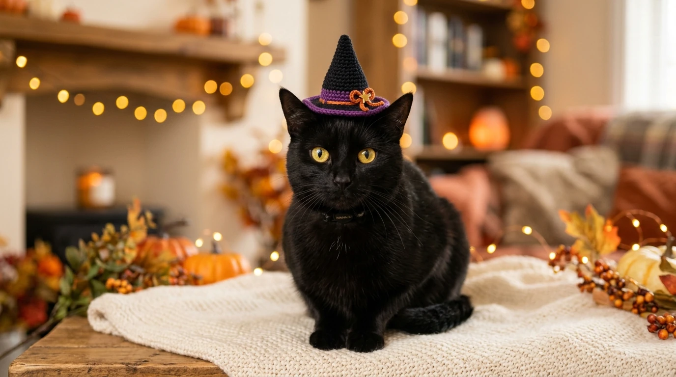 Sleek black cat wearing a miniature purple and black crochet witch hat perched between perky ears in warm fairy lights