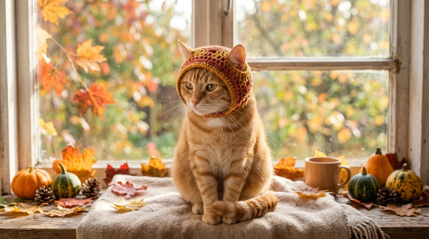 Ginger tabby cat sitting by an autumn window wearing a cozy terracotta openwork crochet harvest bonnet with wide ear openings