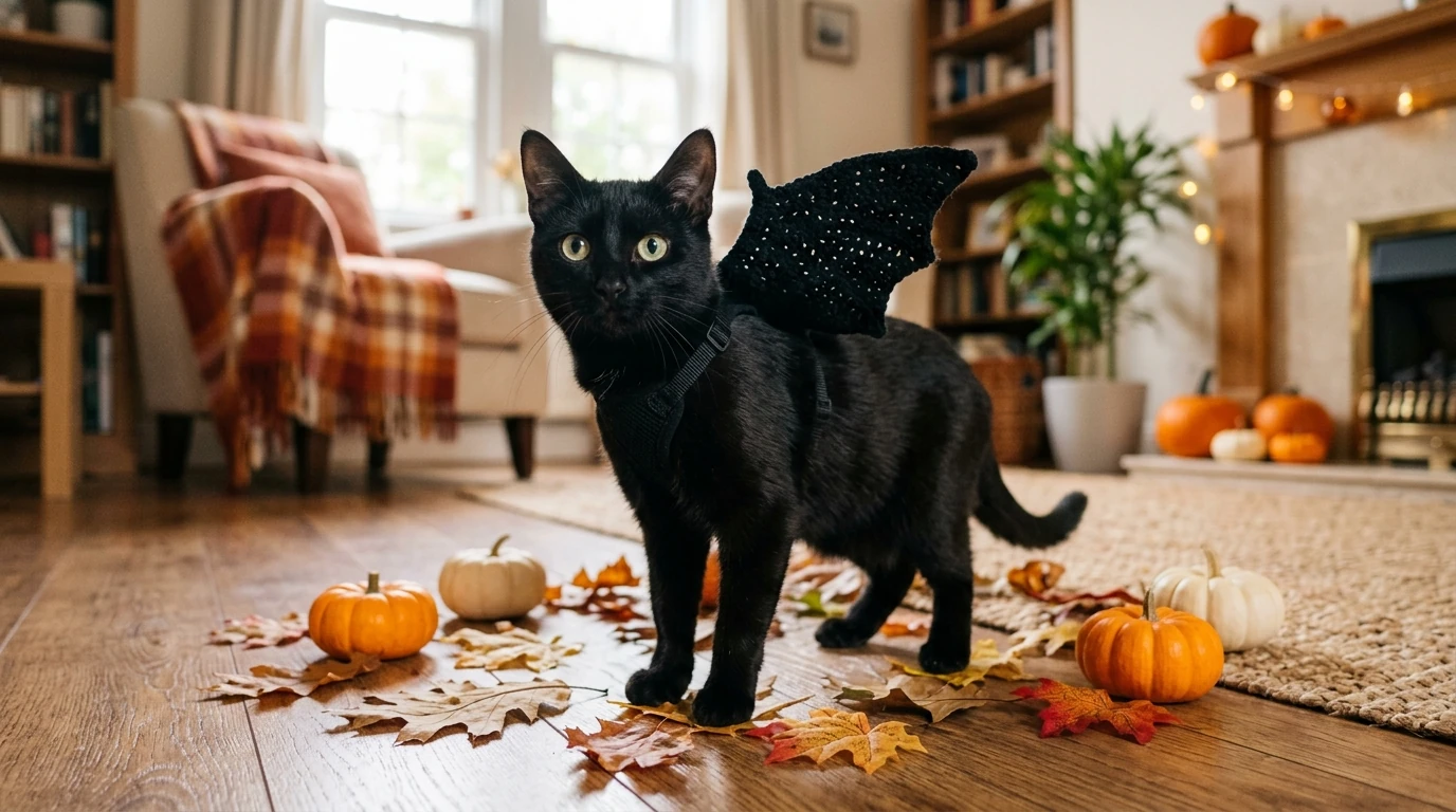 Black cat wearing handmade crochet bat wings attached to a walking harness, standing on autumn leaves
