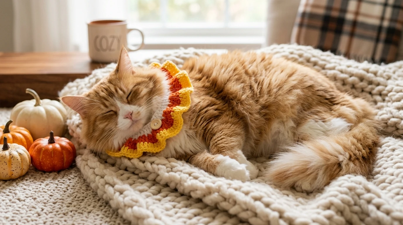 Fluffy cat napping comfortably on a knit blanket wearing a soft crochet candy corn ruffled collar in white orange and yellow yarn