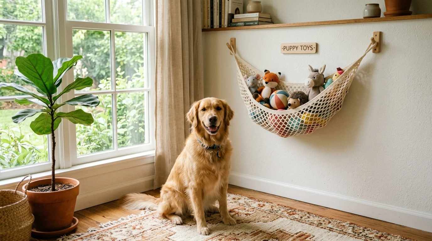 Boho cream crochet stuffed animal hammock mounted on a living room wall