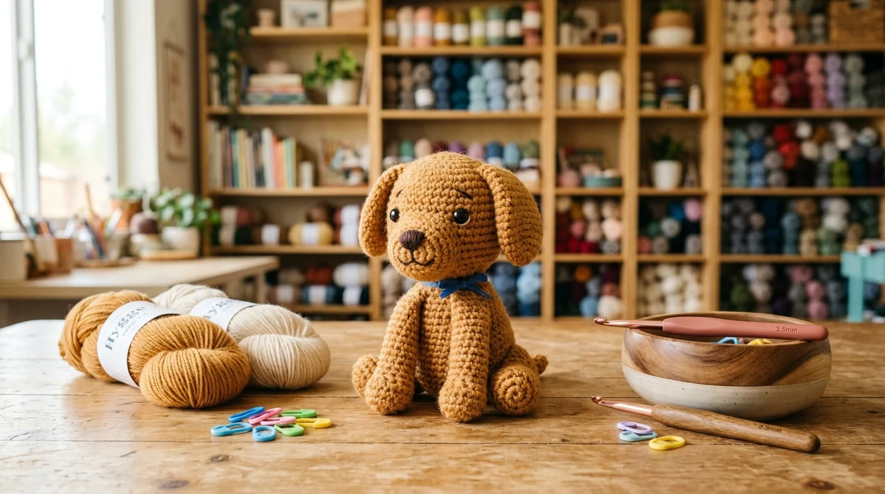 Finished handmade crochet amigurumi golden puppy sitting on a wooden craft desk next to yarn skeins and hooks