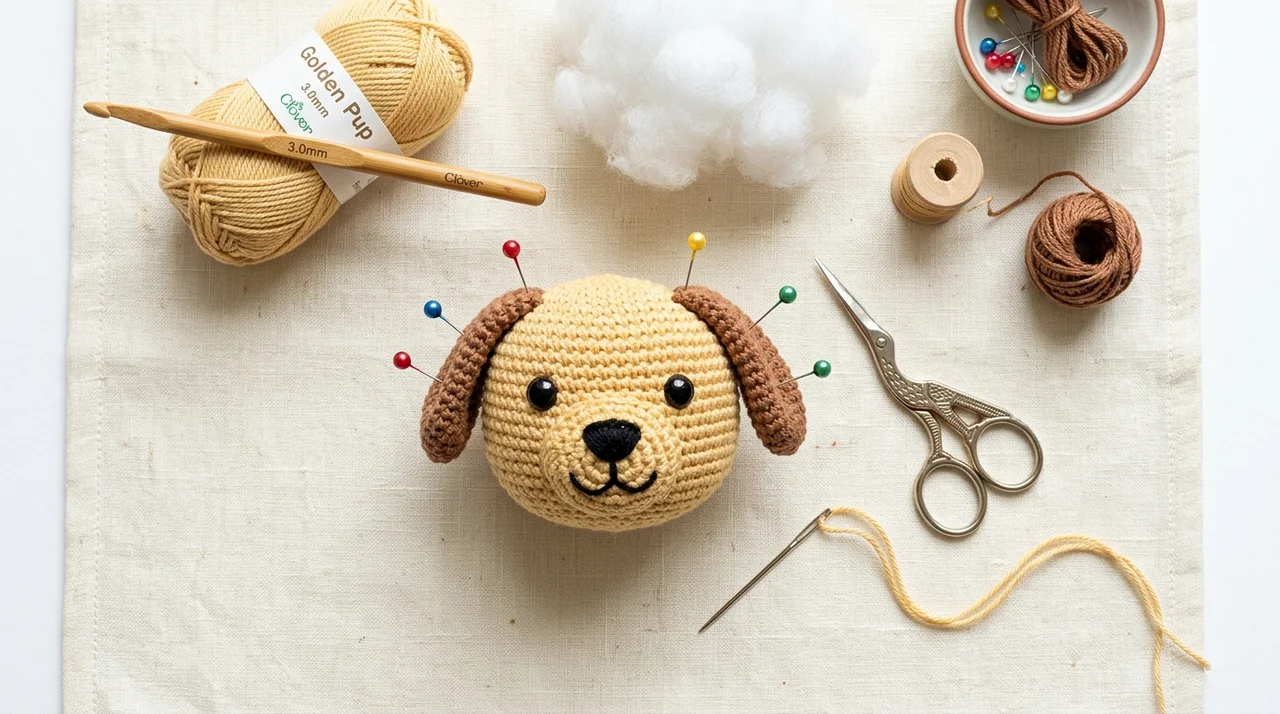 Flat lay showing amigurumi puppy head with safety eyes, pinned floppy ears, tapestry needle, and soft polyfill stuffing