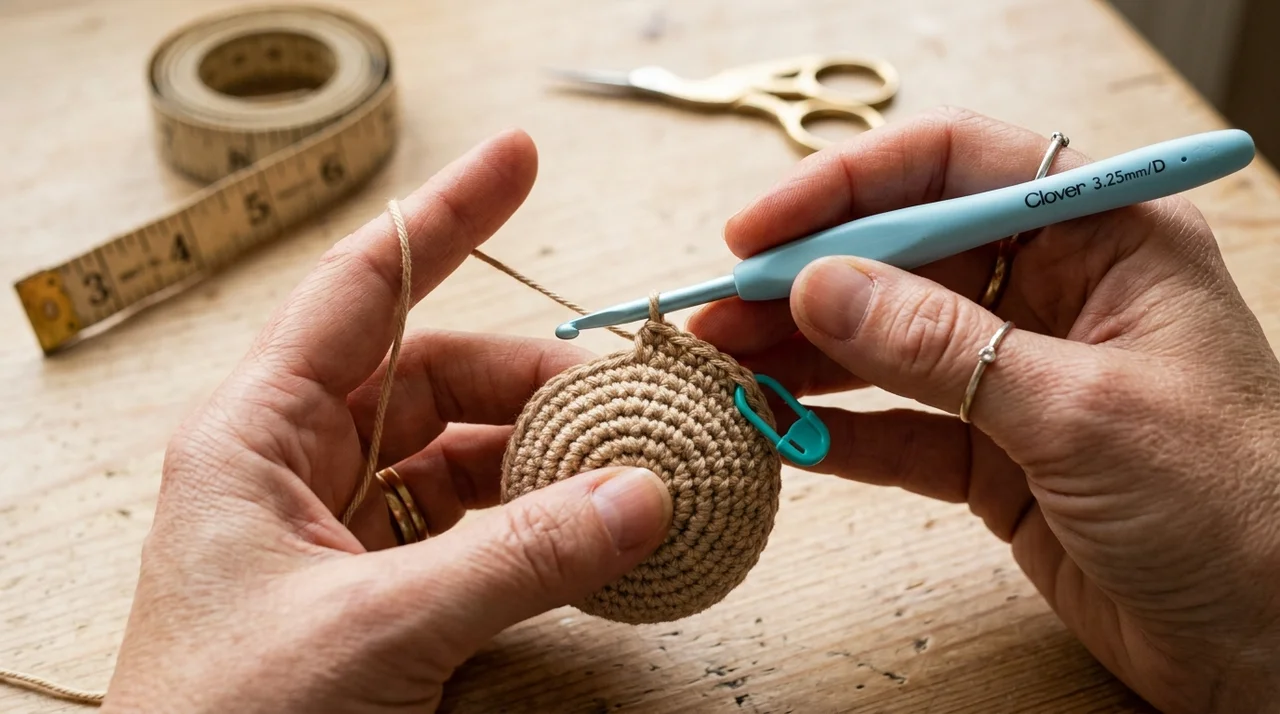 Close up 45 degree angle of hands crocheting tight spiral stitches on an amigurumi dog head with a bright teal stitch marker