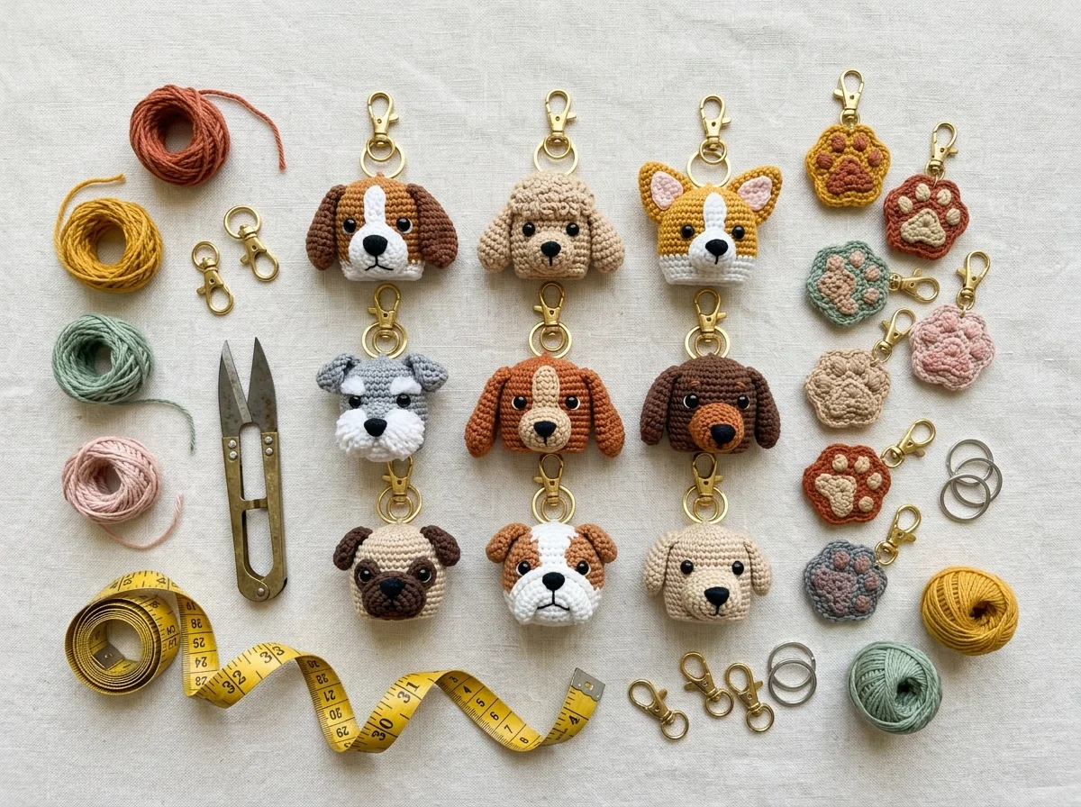 Top-down flat-lay showing finished crochet dog key covers, brass lobster clasps, split rings, and colorful scrap yarn tails