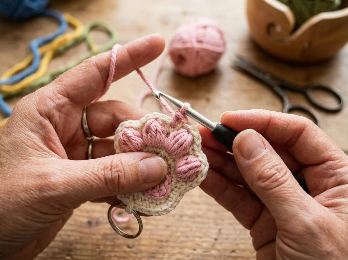 Close-up 45-degree angle of hands crocheting pink puff stitch toe beans onto a cream cotton dog paw keychain