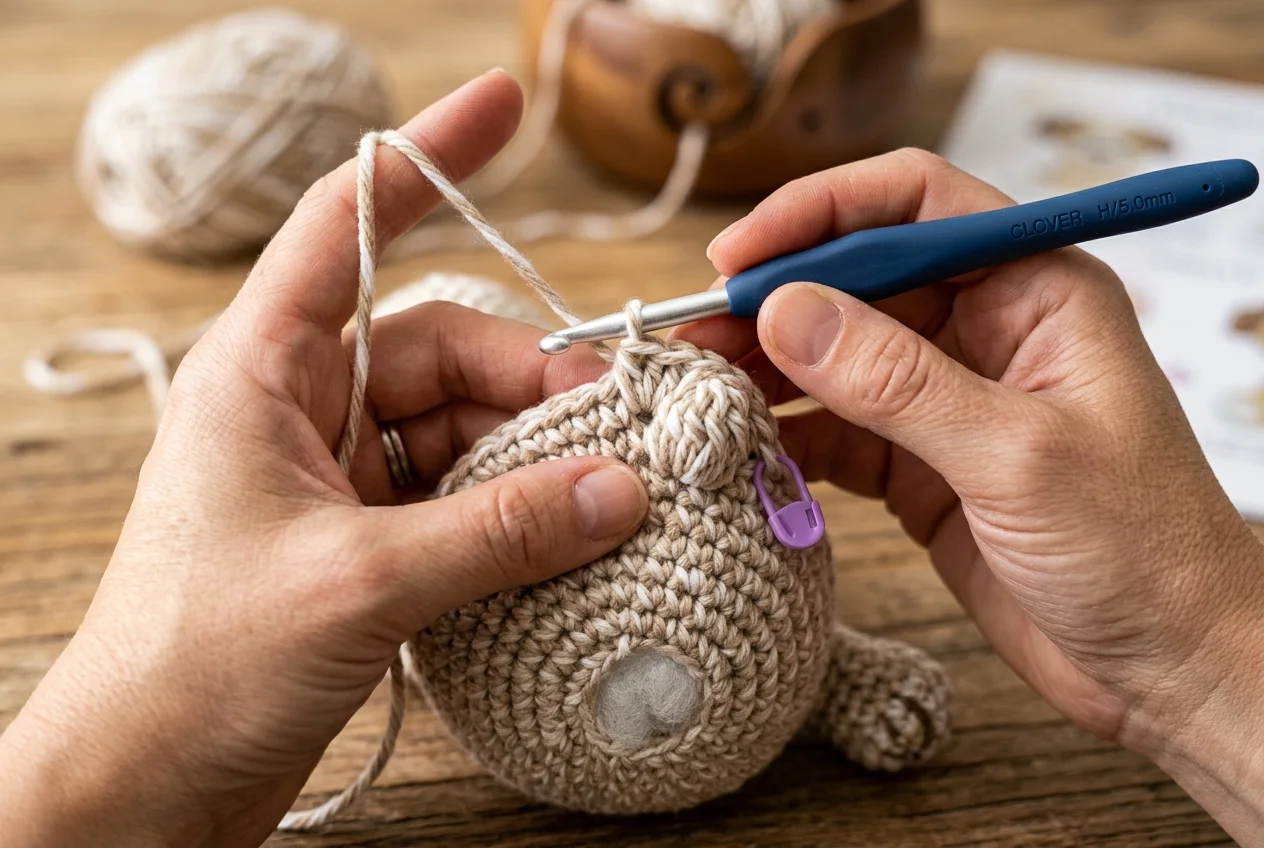 Hands crocheting a textured 5-dc bobble stitch paw directly into an amigurumi dog body with an ergonomic crochet hook