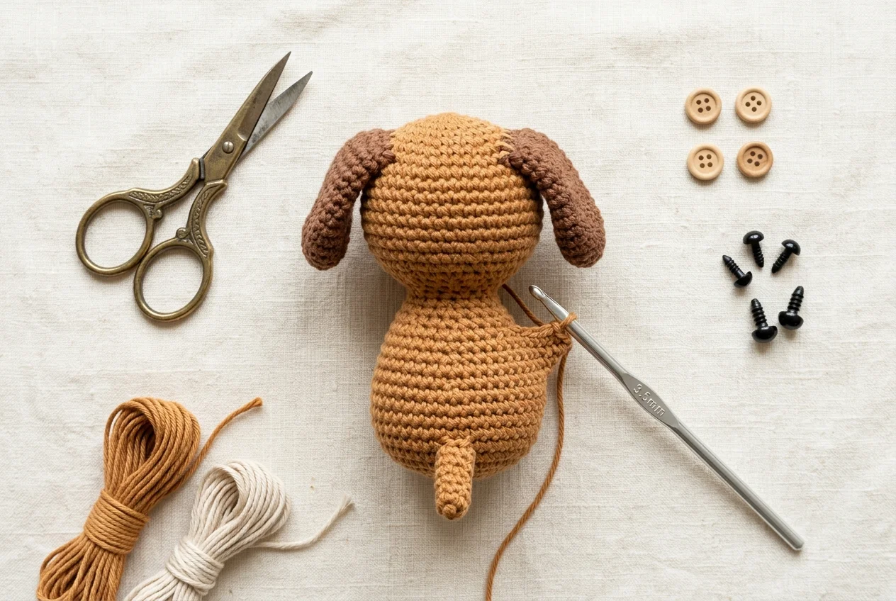 Overhead flat lay of seamless crochet dog in progress with floppy brown ears worked into crown stitches and tail on textured linen