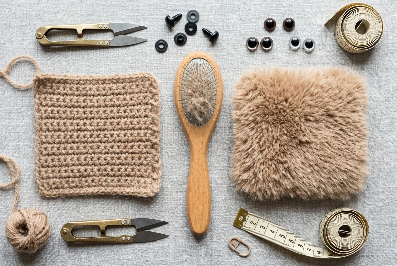 Top-down flat-lay comparison showing tight crochet stitches transformed into fluffy plush pelt using a wire slicker brush