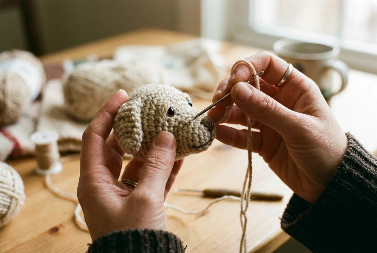 Close-up 45-degree angle of hands using a long tapestry needle to needle-sculpt realistic eye indentations on an amigurumi dog