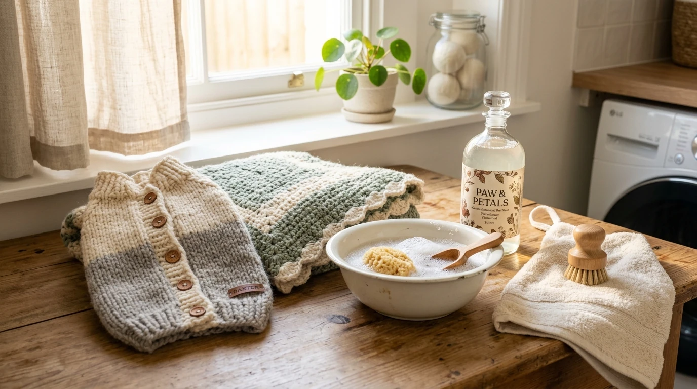 Freshly washed crochet dog sweater and folded pet blanket beside mild pet-safe detergent