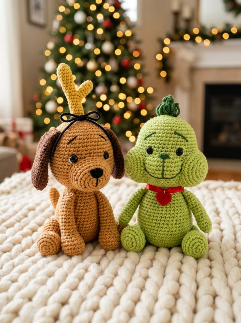 Baby Grinch and Max the Dog crochet amigurumi duo