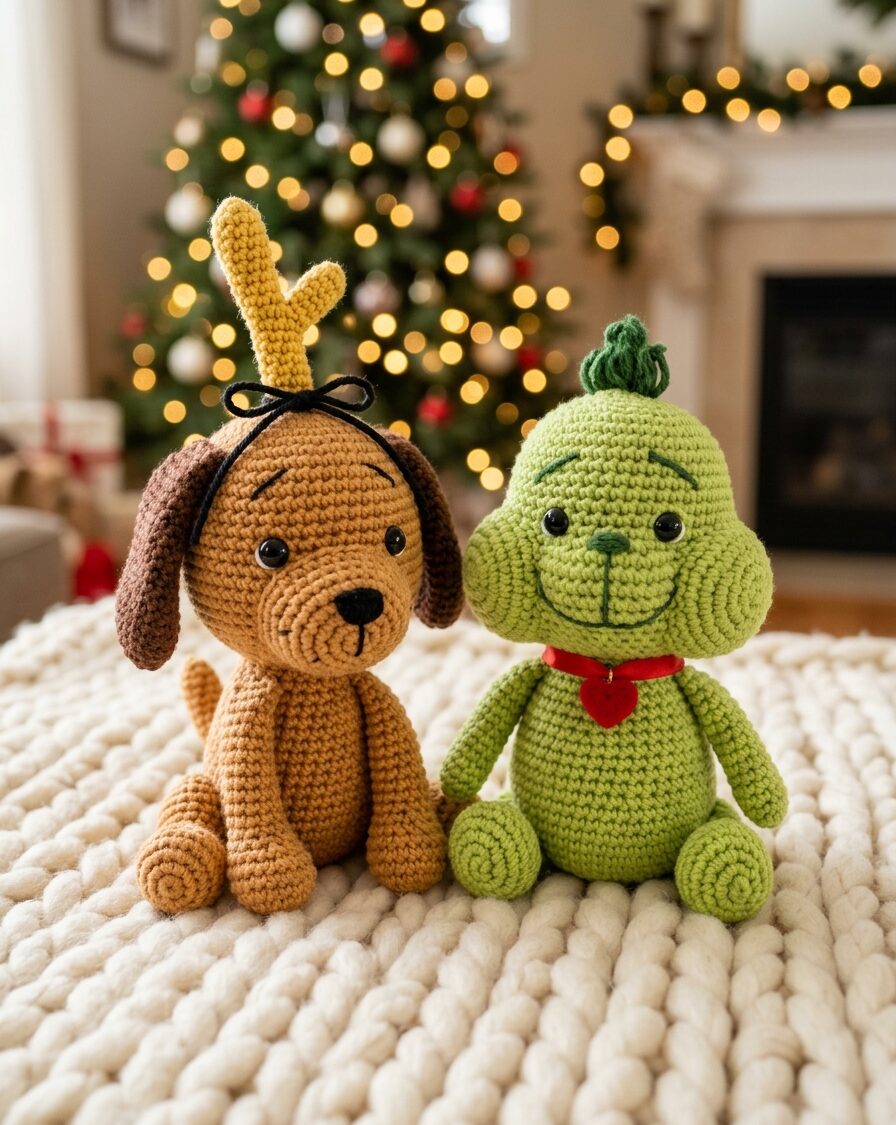 Baby Grinch and Max the Dog crochet amigurumi duo
