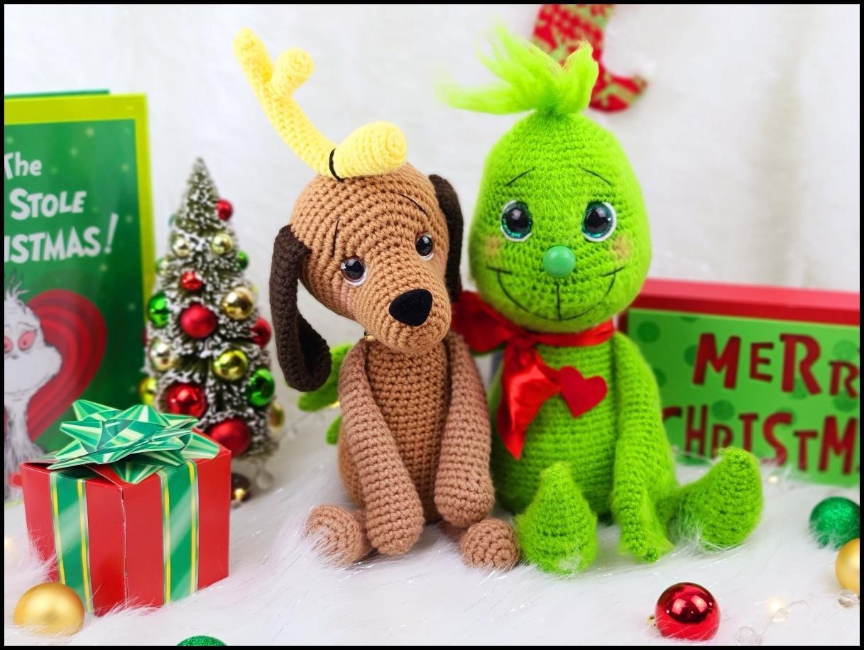 Handcrafted 15-inch crochet Baby Grinch amigurumi doll with green forelock and heart collar