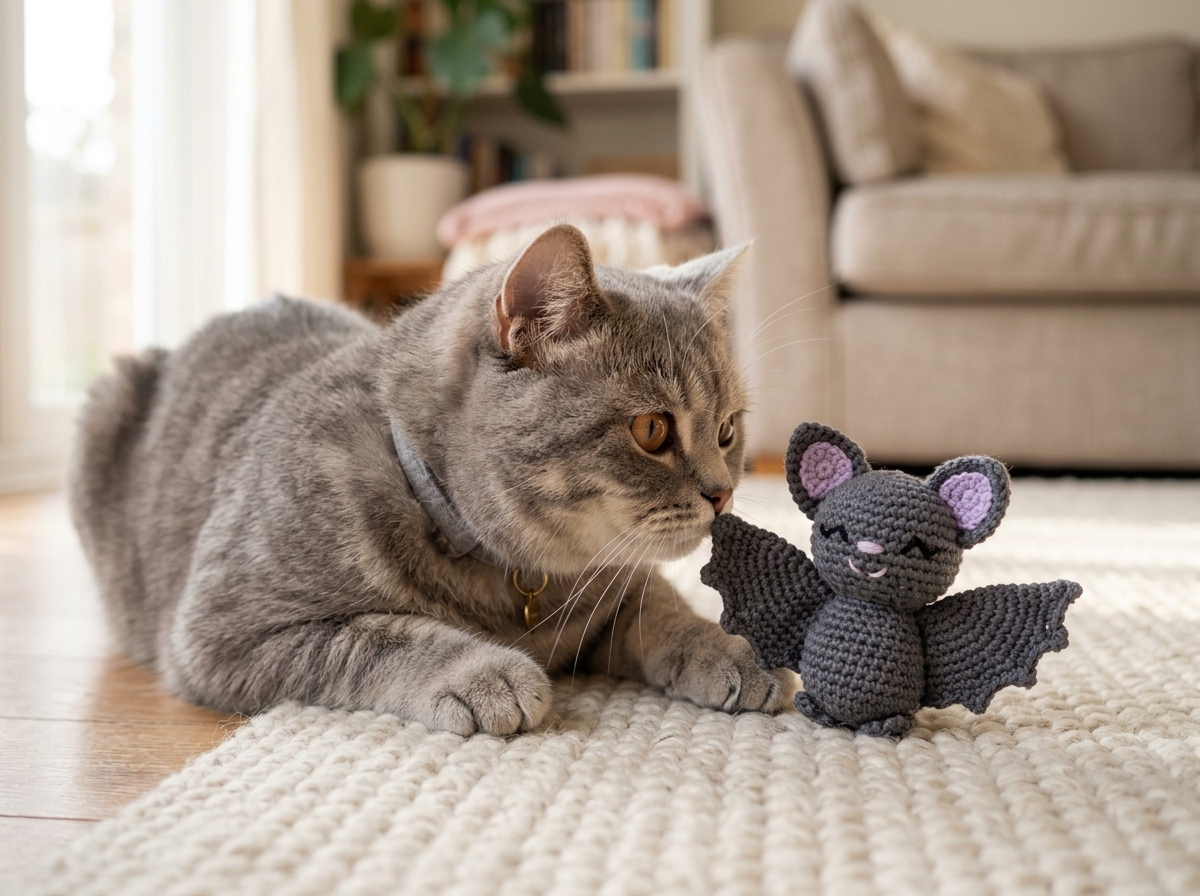 Curious cat gently sniffing and nudging the finished handmade baby bat crochet toy on living room rug