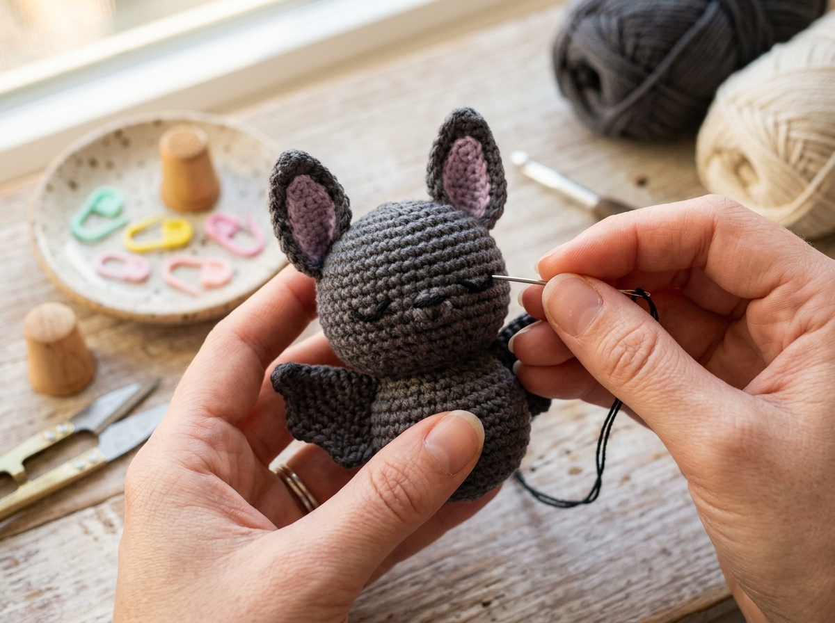 Maker embroidering pet-safe sleepy curved eyes on charcoal baby bat crochet amigurumi head