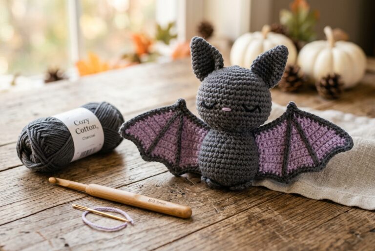 Cute baby bat crochet amigurumi plush and pet toy on rustic craft table with autumn accents