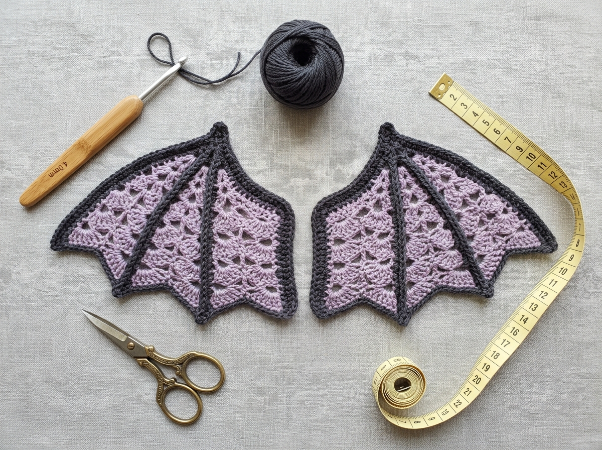 Scalloped bat wings with charcoal spine and lavender shell stitches laid flat with crochet hook