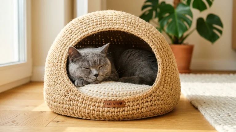 Cozy Jute Crochet Cat Bed Pattern – Cat Sleeping Inside Cave