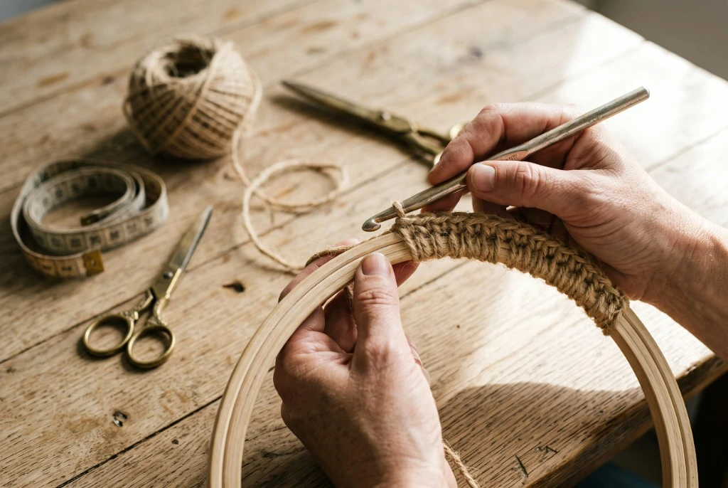 Hands crocheting tight stitches around a smooth wooden embroidery hoop ring for a cat bed entrance