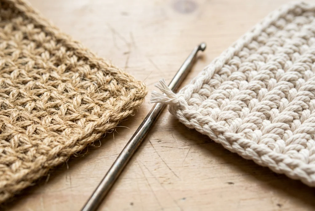 Close-up macro of tight crochet swatches comparing natural golden jute cord and braided cotton cord