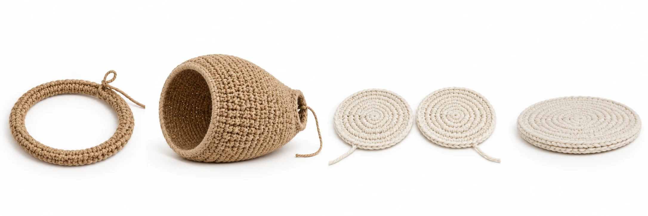 Four assembly stages of the crochet cat bed: wrapped wooden hoop, hollow jute shell, two wool circles, and joined double mat