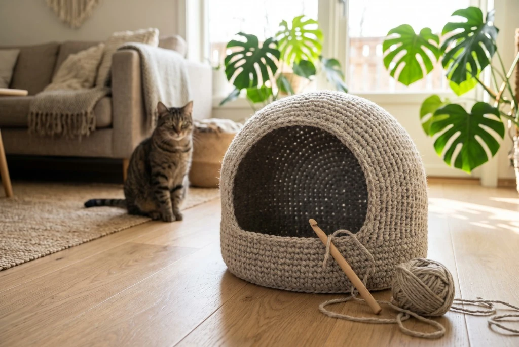 Architectural dome crochet cat bed standing completely sturdy and upright on a living room rug