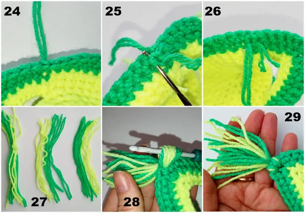 Hiding yarn ends with 2mm hook and cutting 14cm tassel bundles