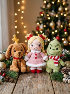 Grinch and his friends Cindy Lou Who and Max plush amigurumi Christmas trio
