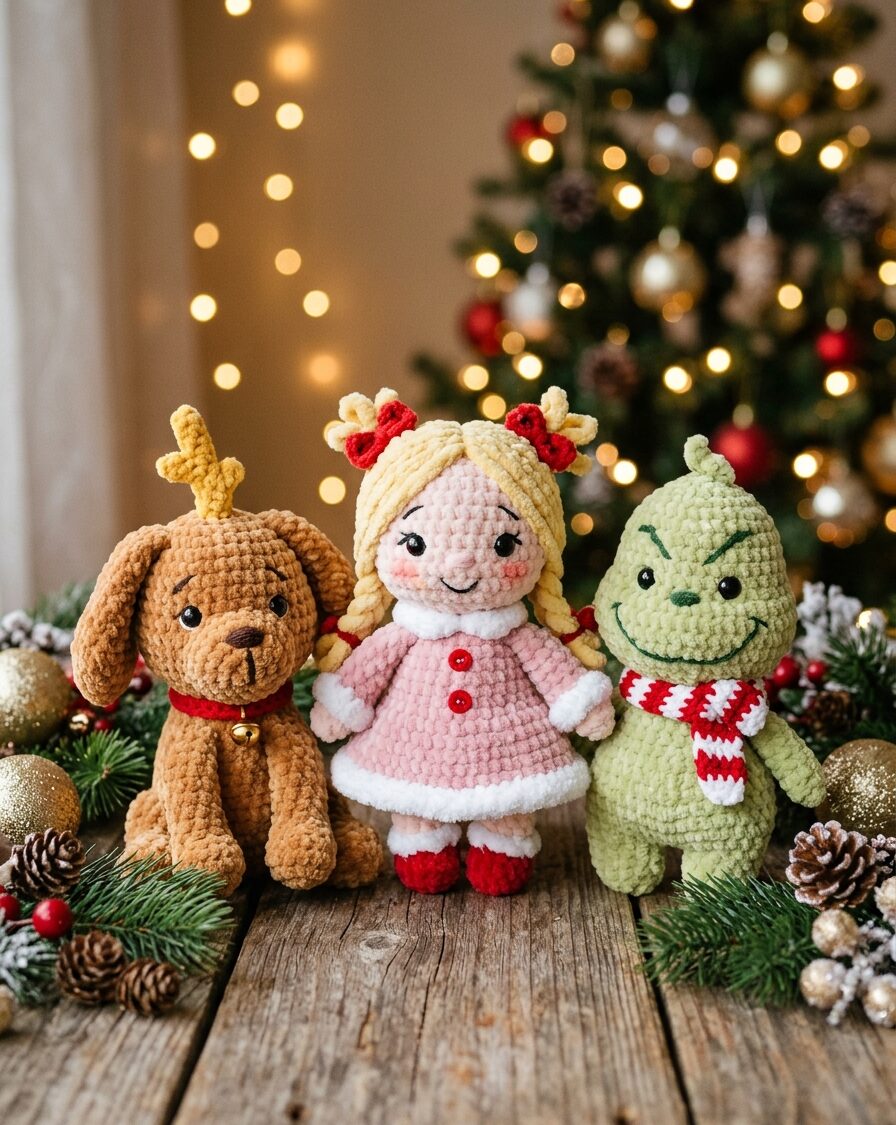 Grinch and his friends Cindy Lou Who and Max plush amigurumi Christmas trio
