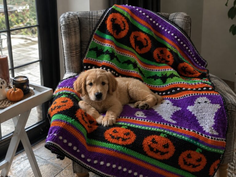 Golden retriever puppy sleeping peacefully on completed Halloween Dreams crochet blanket featuring pumpkins ghosts bats and cats