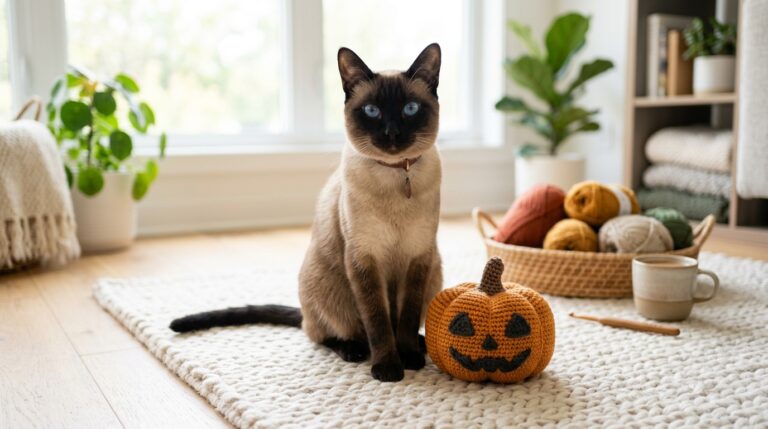Elegant seal point Siamese cat with striking blue eyes sitting beside handmade crochet Halloween pumpkin toy
