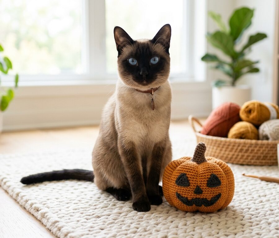 Elegant seal point Siamese cat with striking blue eyes sitting beside handmade crochet Halloween pumpkin toy