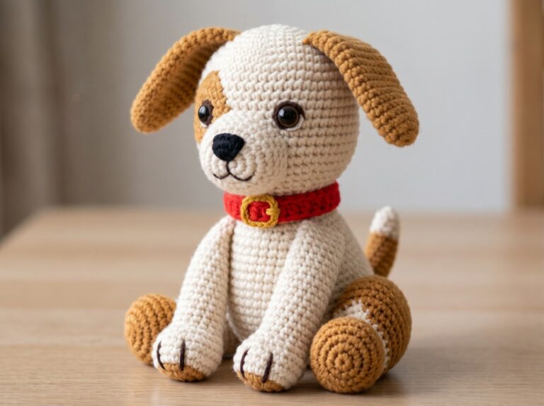 Adorable handmade cream and brown crochet puppy dog Puppy Chip with red collar