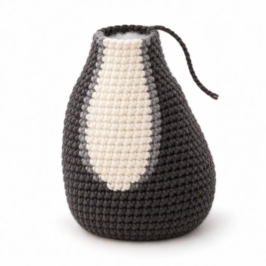 Crochet husky body piece showing charcoal back and white chest color transitions