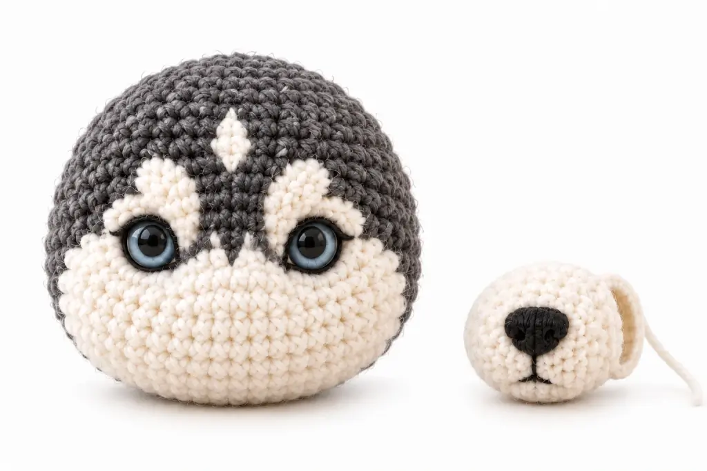 White crochet oval muzzle piece for husky puppy