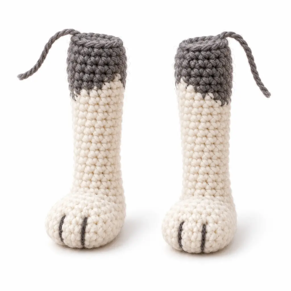 White front paws transitioning into charcoal amigurumi legs