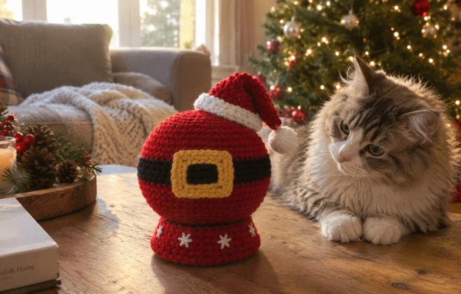 Cat next to Santa belly crochet snow globe