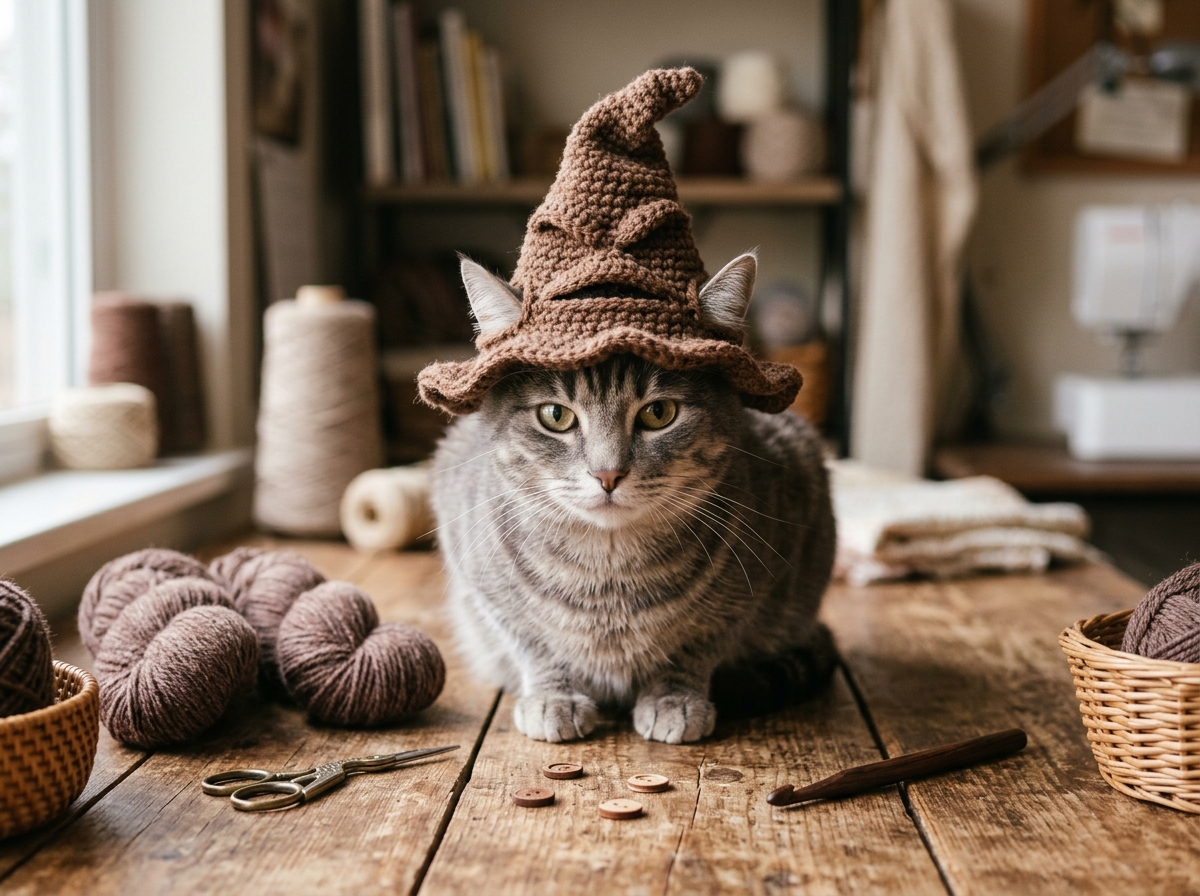 Cute grey tabby cat wearing mini crochet Sorting Hat showing ear slits
