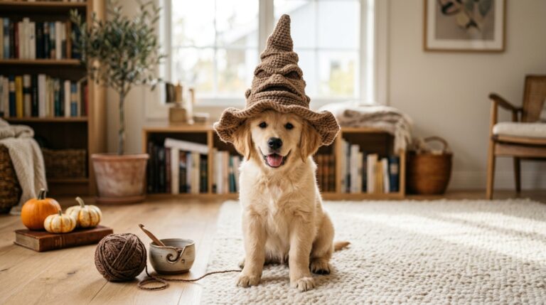 Golden retriever puppy wearing handmade brown crochet Sorting Hat wizard costume for Halloween