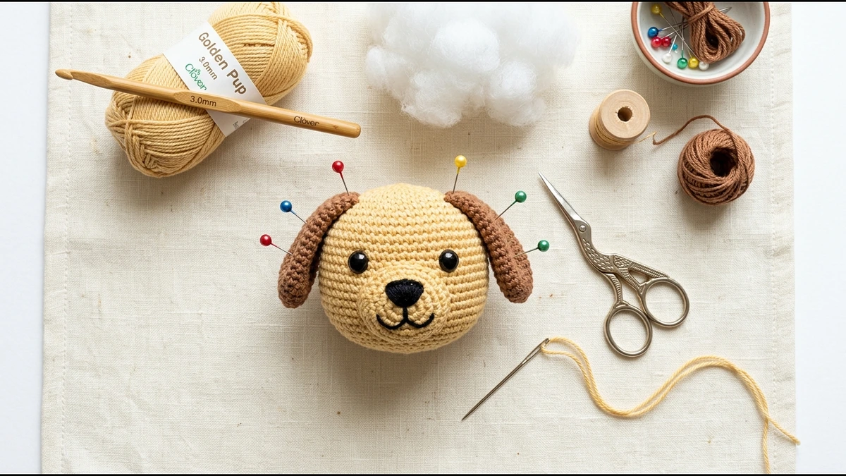 Flatlay of amigurumi body assembly showing pearl pins, tapestry yarn needle, and staged white polyfill stuffing
