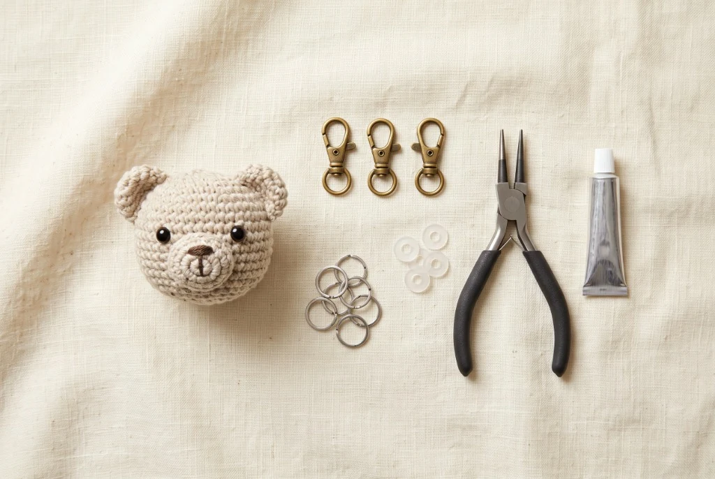 Overhead flat lay of keychain hardware including swivel lobster clasps, split rings, clear washer discs, round nose pliers, and adhesive beside a crochet bear head