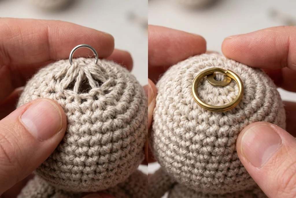 Comparison of amigurumi keychain crowns under tension: torn stretched stitch from cheap jump ring on left versus reinforced internal washer anchor on right