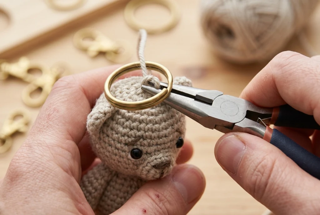 Macro close up of hands using flat nose pliers to attach a brass split ring to the reinforced top loop of a small crochet teddy bear head