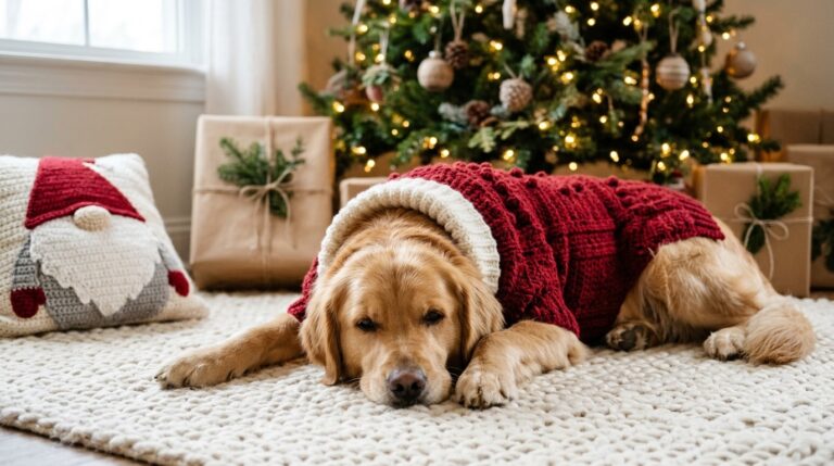 Golden Retriever dog lying down in red Christmas crochet turtleneck sweater